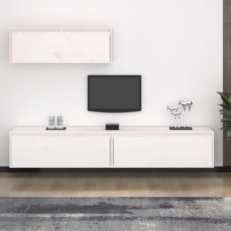 Szafki pod TV, 3 szt., białe, lite drewno sosnowe