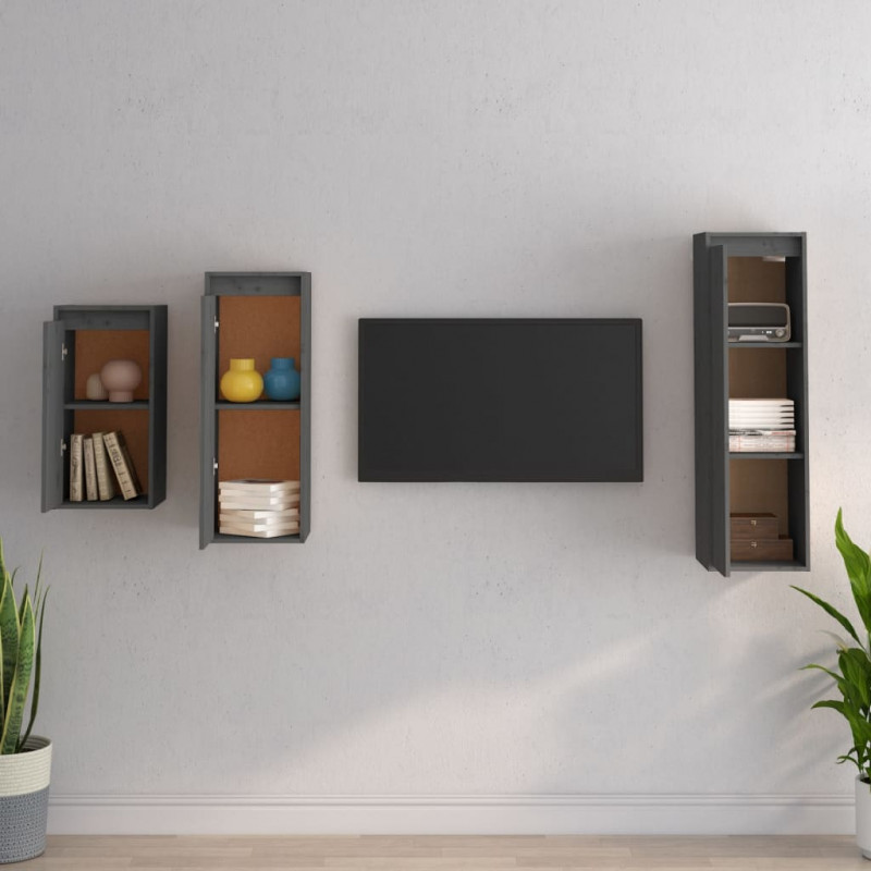 Szafki pod TV, 3 szt., szare, lite drewno sosnowe