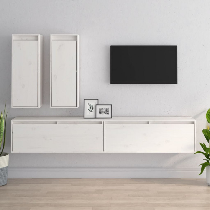 Szafki pod TV, 4 szt., białe, lite drewno sosnowe