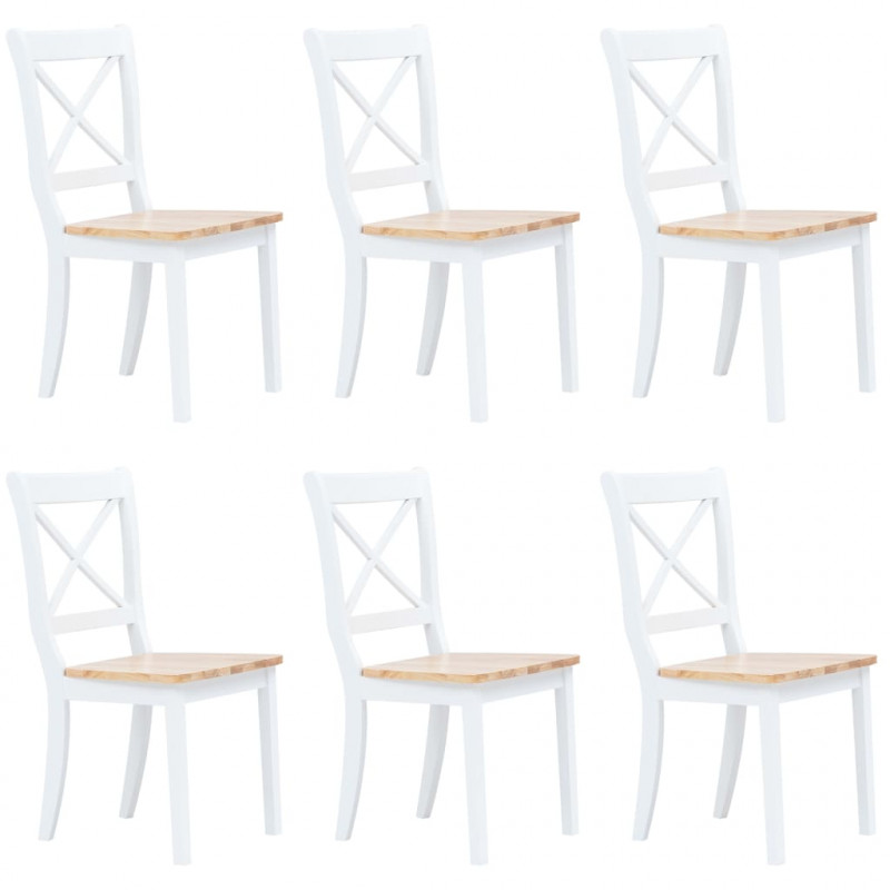 Krzesła stołowe, 6 szt., biało-naturalne, drewno kauczukowe