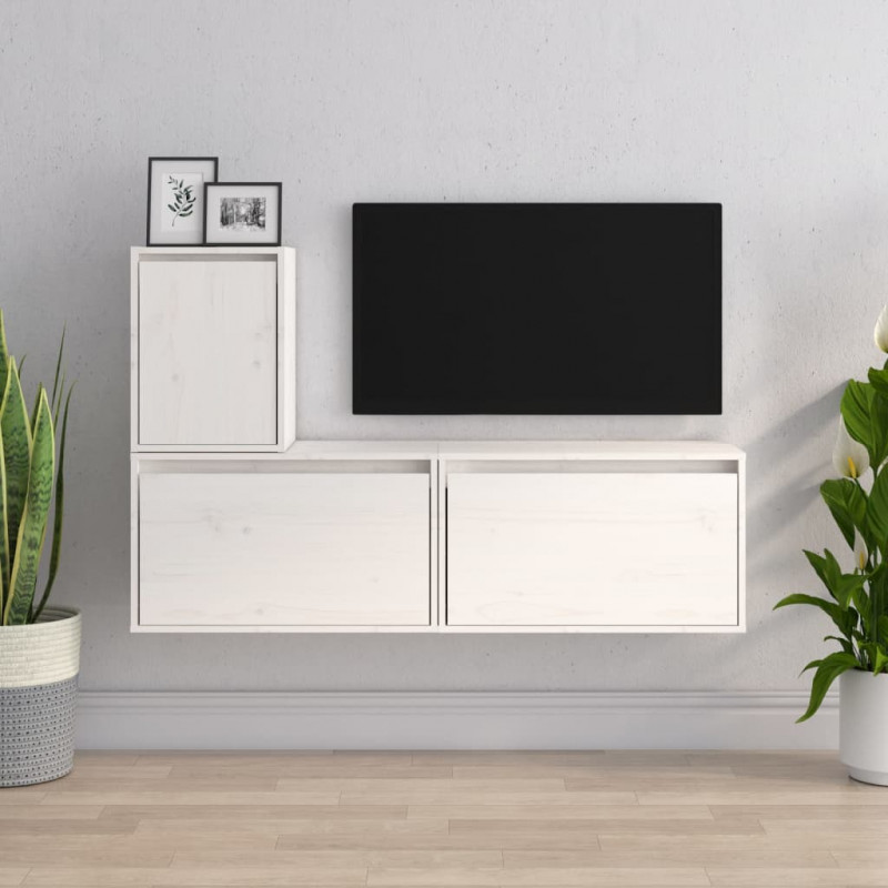 Szafki pod TV, 3 szt., białe, lite drewno sosnowe