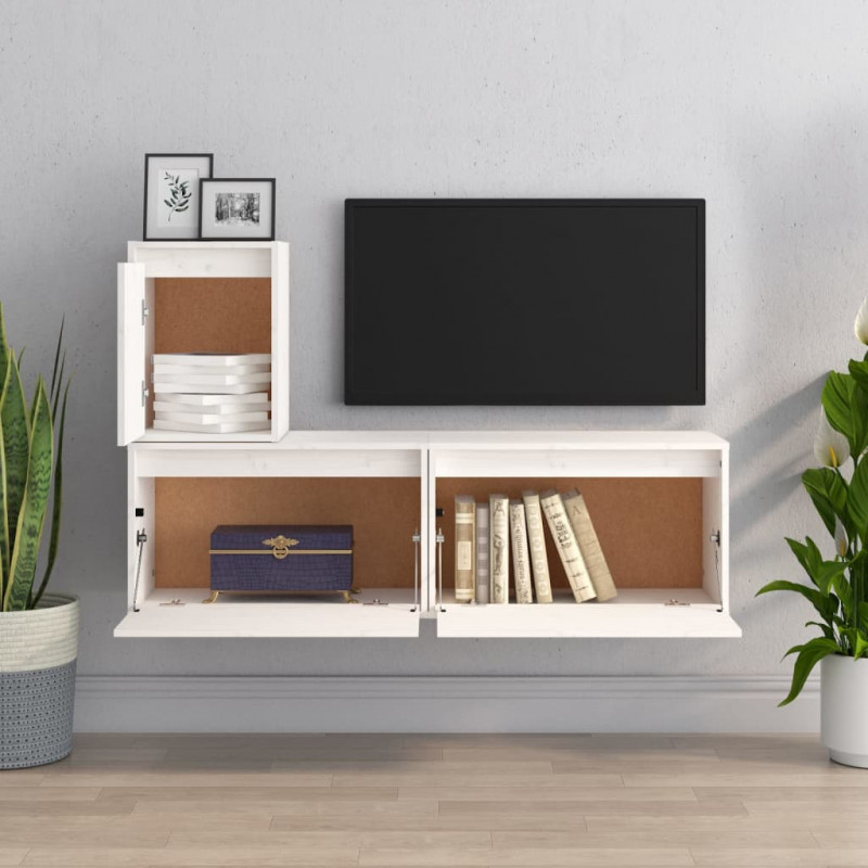Szafki pod TV, 3 szt., białe, lite drewno sosnowe