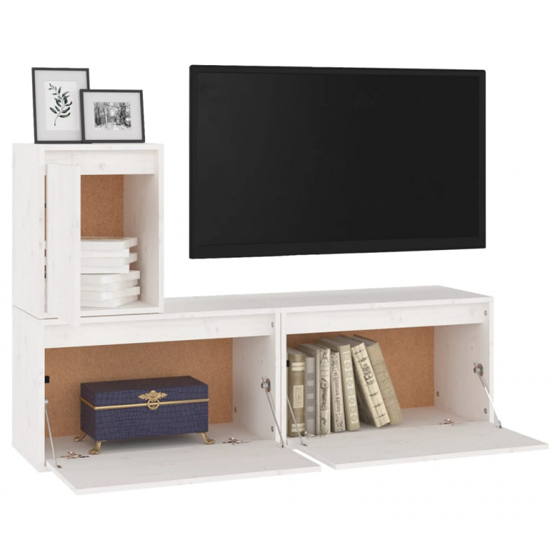 Szafki pod TV, 3 szt., białe, lite drewno sosnowe