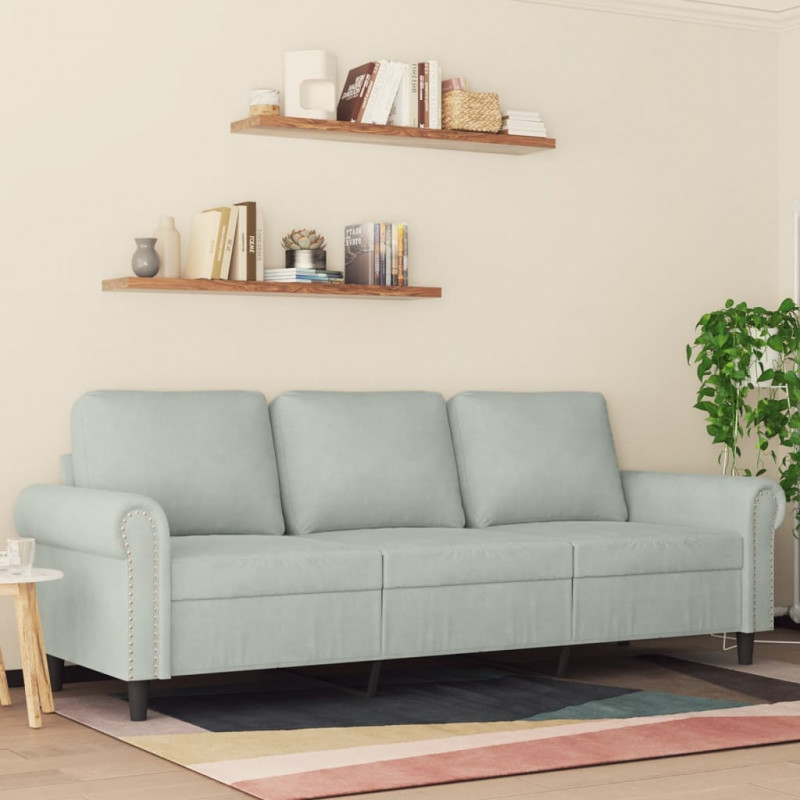 Sofa 3-osobowa, jasnoszara, 180 cm, tapicerowana aksamitem