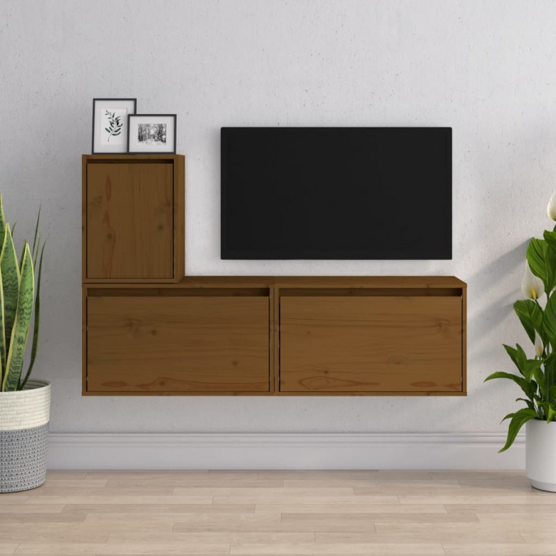 Szafki pod TV, 3 szt., miodowy brąz, lite drewno sosnowe