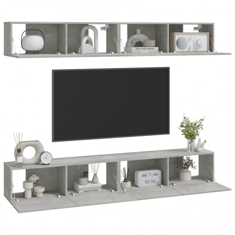 Szafki ścienne pod TV, 4 szt., betonowa szarość, 100x30x30 cm
