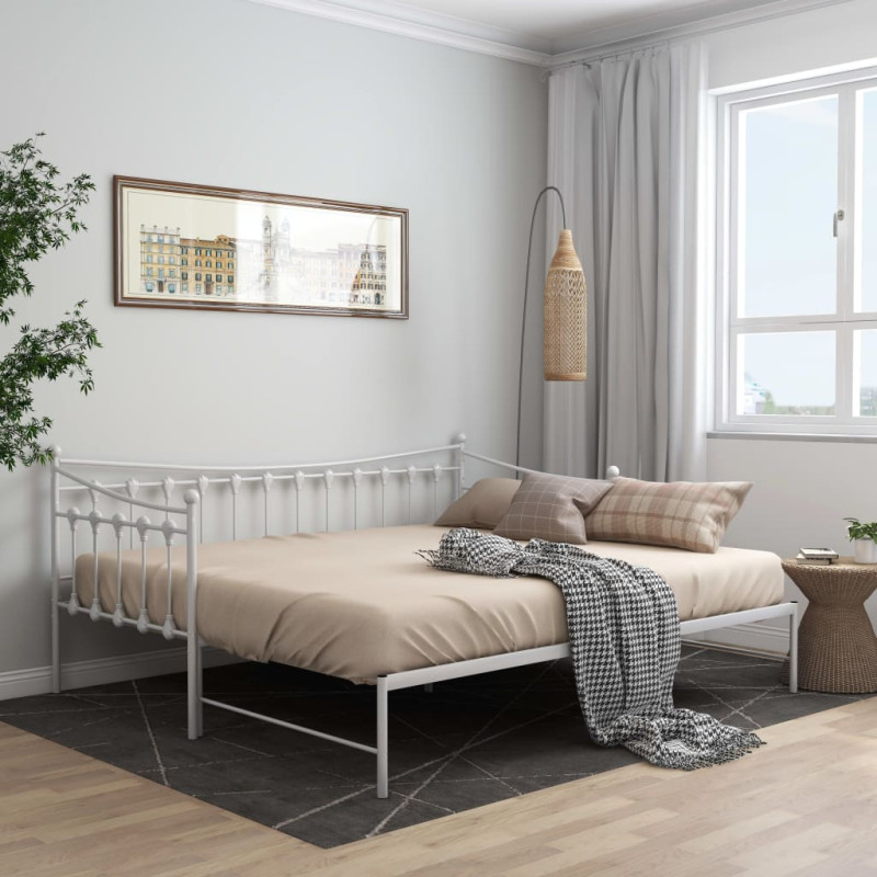 Sofa z wysuwaną ramą łóżka, biała, metalowa, 90x200 cm