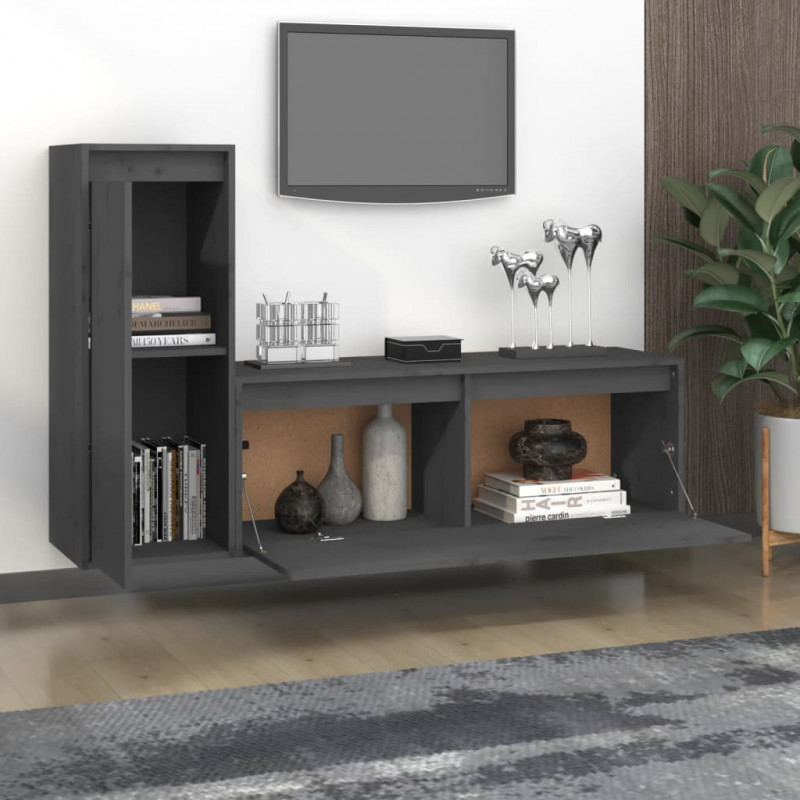 Szafki pod TV, 2 szt., szare, lite drewno sosnowe