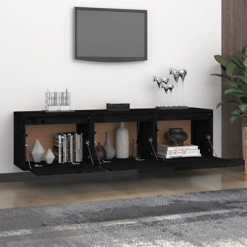 Szafki pod TV, 3 szt., czarne, lite drewno sosnowe