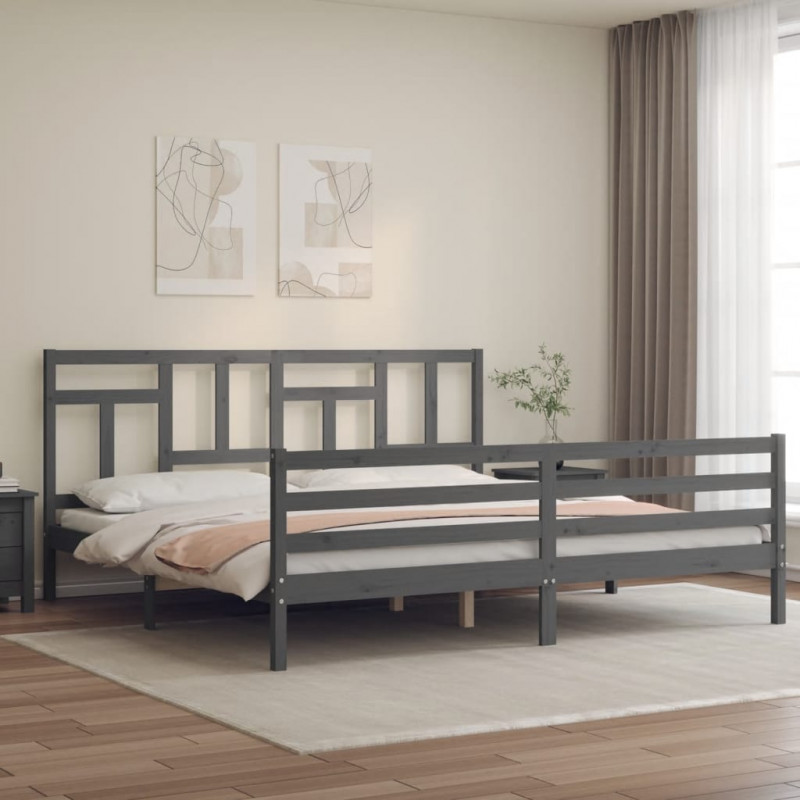 Rama łóżka z wezgłowiem, szara, 200x200 cm, lite drewno