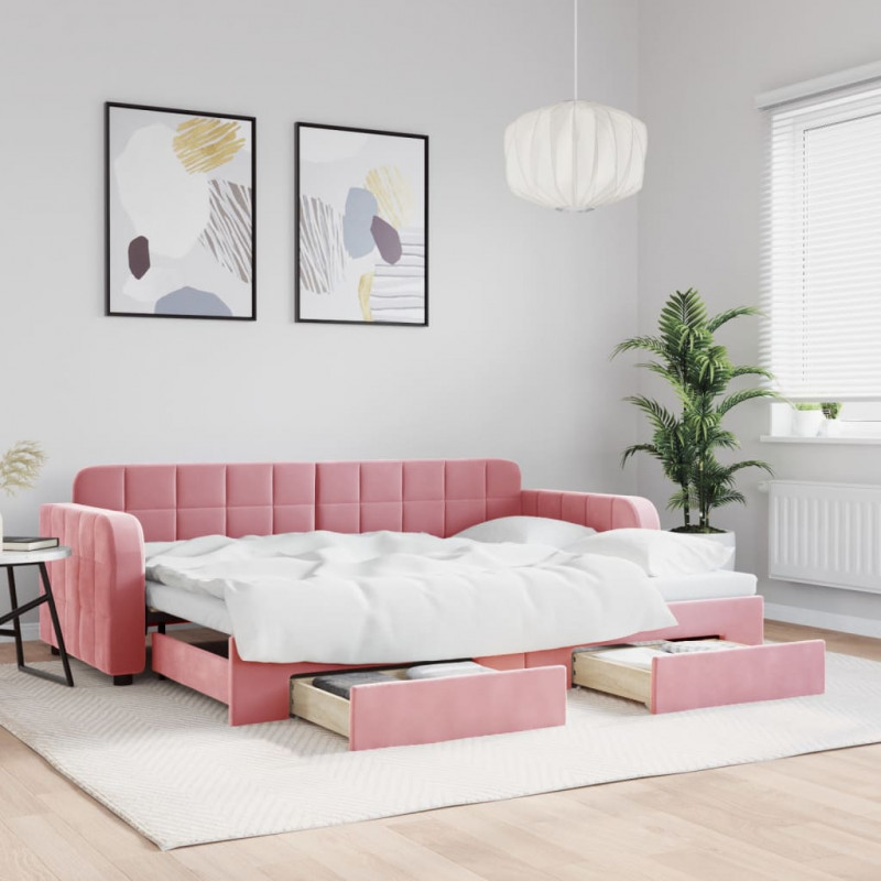 Sofa rozsuwana z szufladami, różowa, 80x200 cm, aksamit