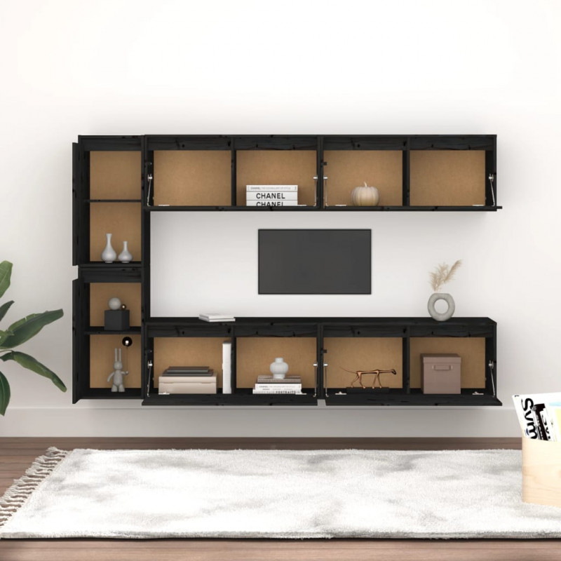 Szafki pod TV, 6 szt., czarne, lite drewno sosnowe
