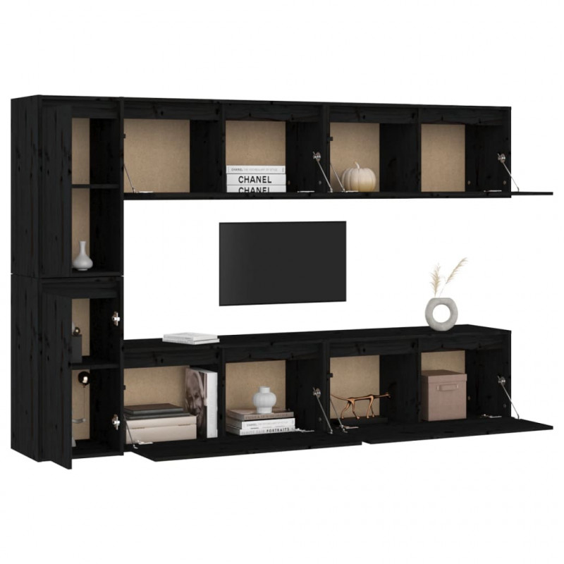 Szafki pod TV, 6 szt., czarne, lite drewno sosnowe