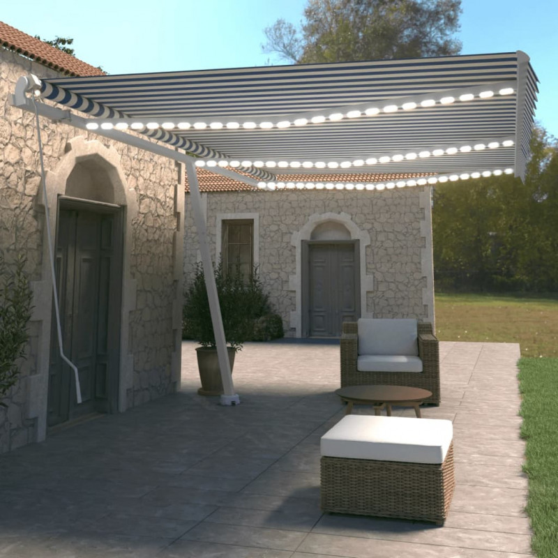 Ręcznie zwijana markiza z LED, 600x350 cm, niebiesko-biała