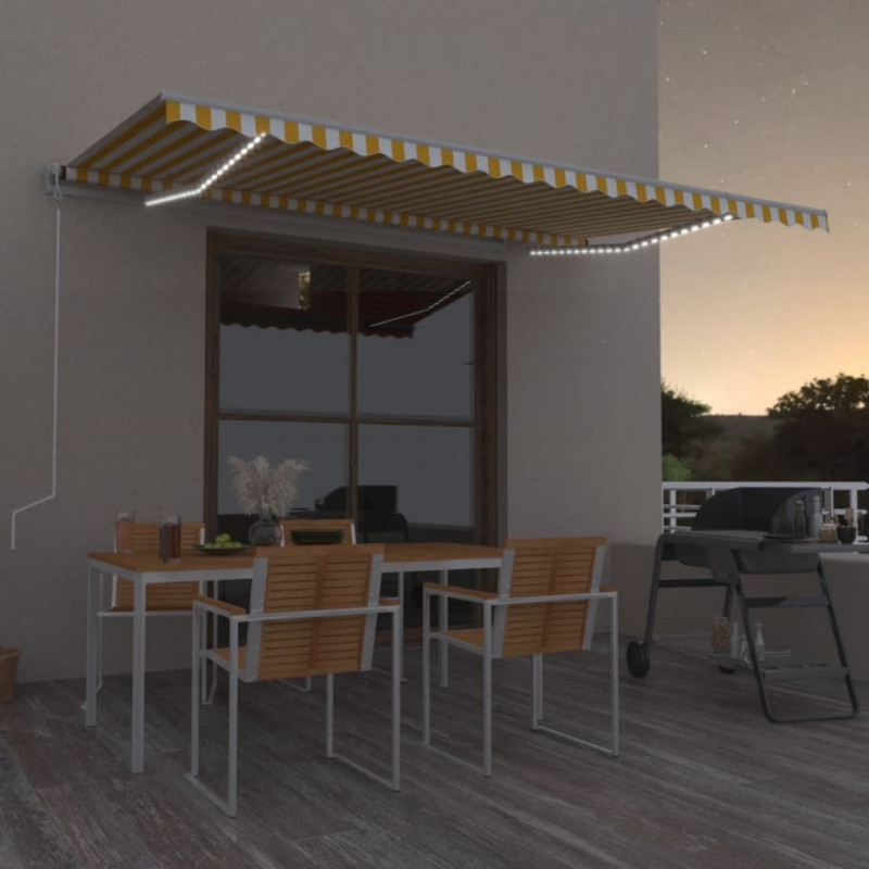 Ręcznie zwijana markiza z LED, 500 x 300 cm, żółto-biała