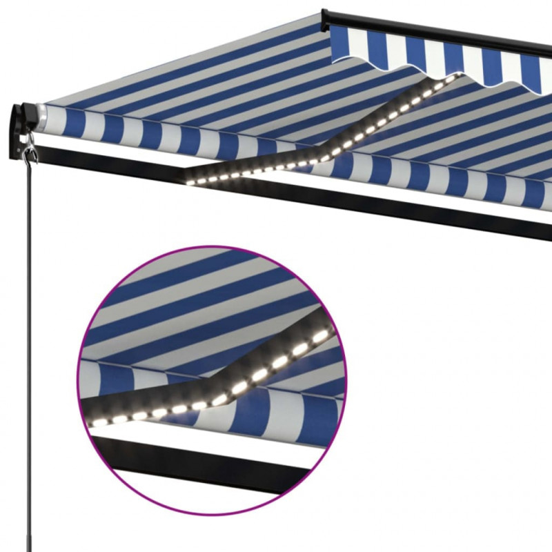 Ręcznie zwijana markiza z LED, 600x350 cm, niebiesko-biała
