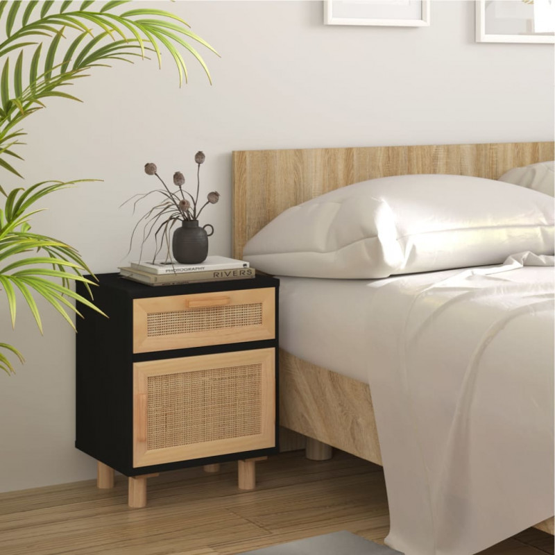 Szafka nocna, czarna, lite drewno sosnowe i naturalny rattan