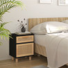 Szafka nocna, czarna, lite drewno sosnowe i naturalny rattan