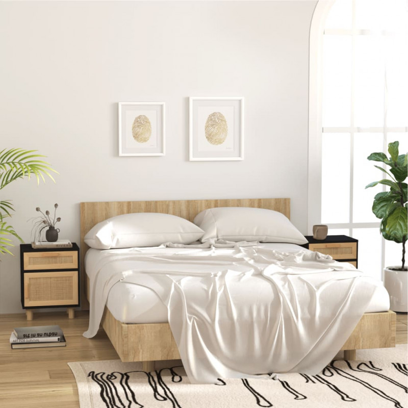 Szafka nocna, czarna, lite drewno sosnowe i naturalny rattan