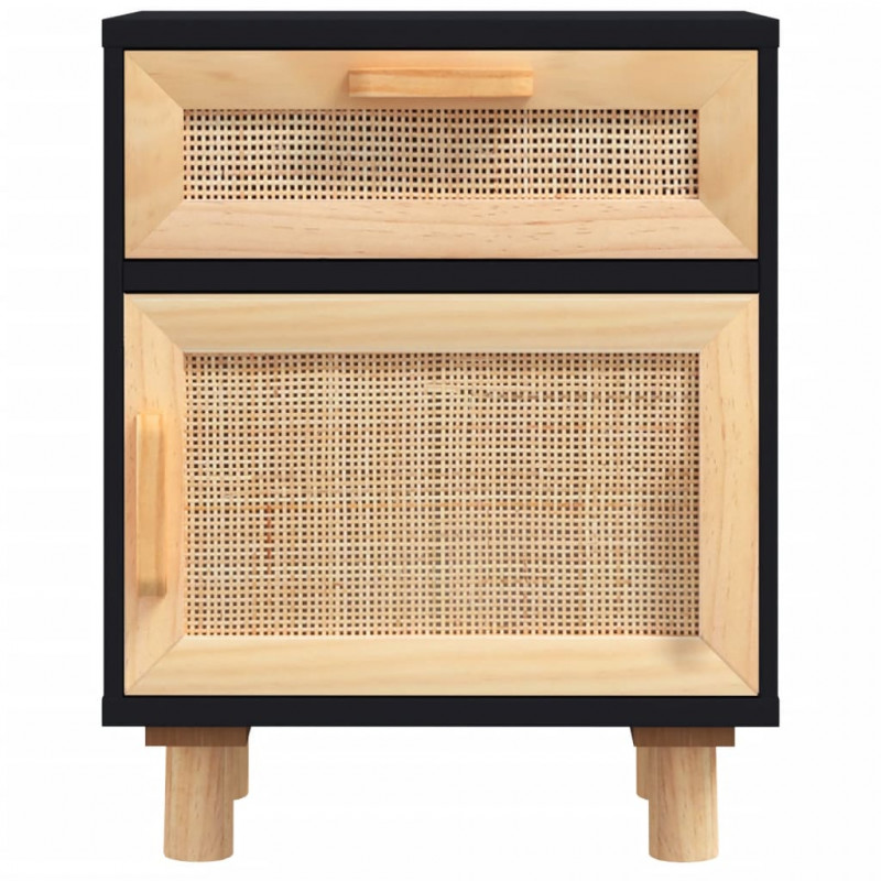 Szafka nocna, czarna, lite drewno sosnowe i naturalny rattan