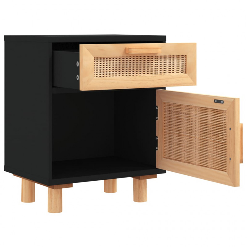 Szafka nocna, czarna, lite drewno sosnowe i naturalny rattan