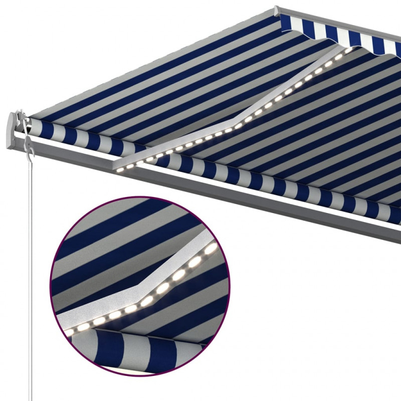 Ręcznie zwijana markiza z LED, 500x350 cm, niebiesko-biała