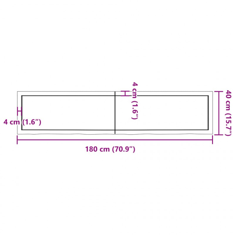 Półka, 180x40x(2-4) cm, surowe lite drewno dębowe